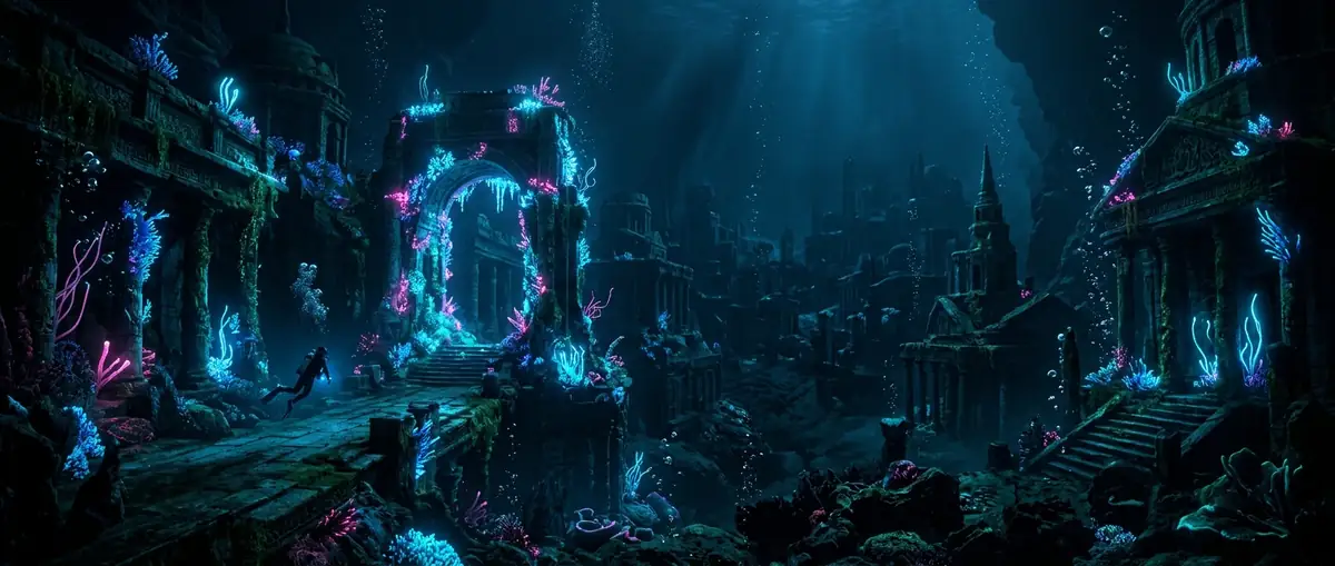 Sunken glowing deep sea ruins